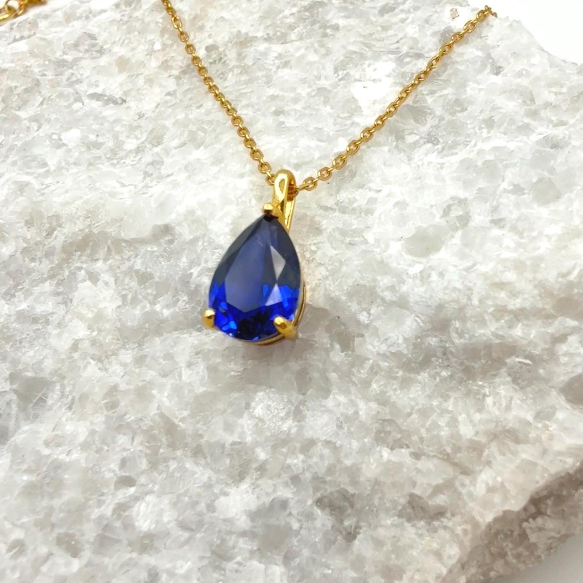 Teardrop Sapphire 3-Prong Necklace | 2.0 CT Royal Blue Pear Cut Lab Sapphire Solitaire Pendant | Solid S925 Silver Minimalist Jewelry