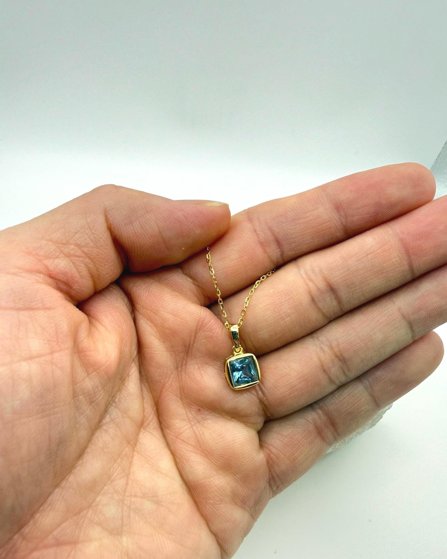 Bezel Princess Cut Aquamarine Necklace | 1.2 CT Santa Maria Blue Lab Simulant Aquamarine Pendant | Solid S925 Silver Minimalist Jewelry