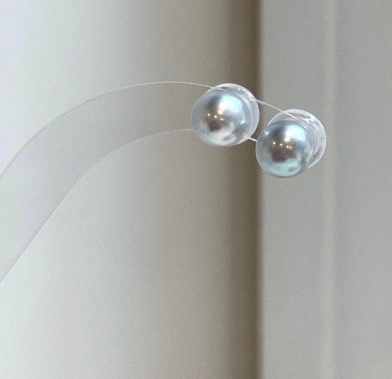 Elly’s 8.7mm Akoya blue silver ocean Pearls Earrings Studs: Extreme luster Mirrored, S925 silver minimalist earring.