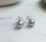 Elly’s 8.7mm Akoya blue silver ocean Pearls Earrings Studs: Extreme luster Mirrored, S925 silver minimalist earring.