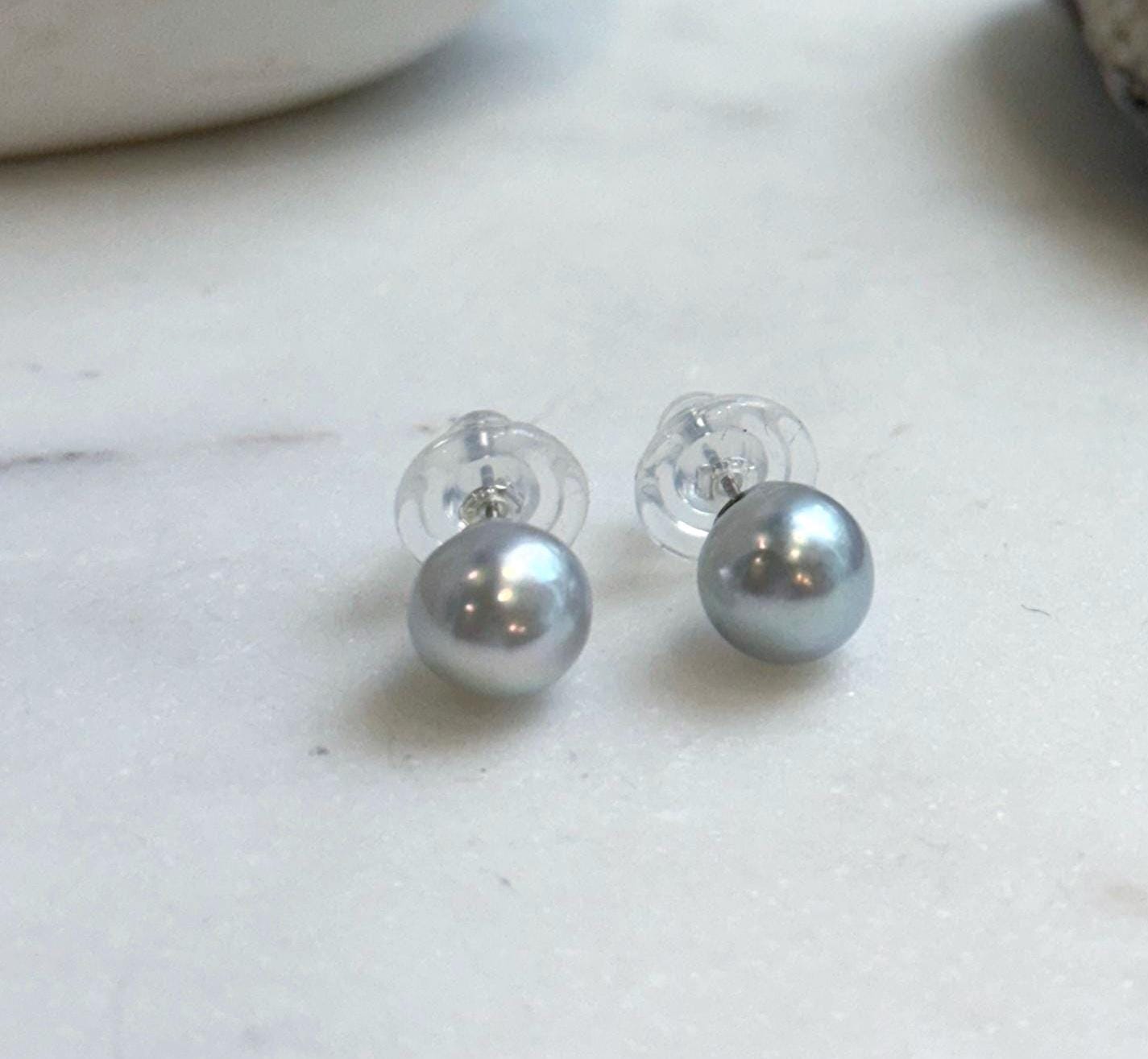 Elly’s 8.7mm Akoya blue silver ocean Pearls Earrings Studs: Extreme luster Mirrored, S925 silver minimalist earring.