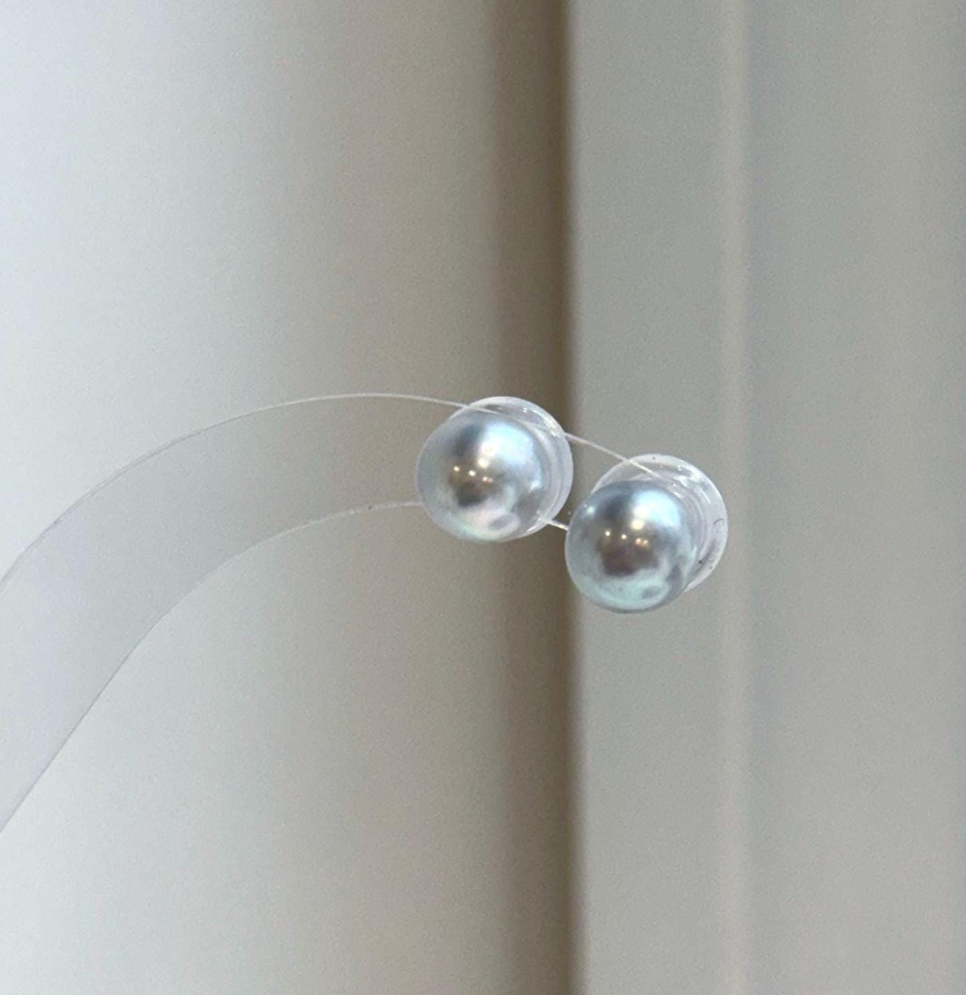 Elly’s 8.7mm Akoya blue silver ocean Pearls Earrings Studs: Extreme luster Mirrored, S925 silver minimalist earring.