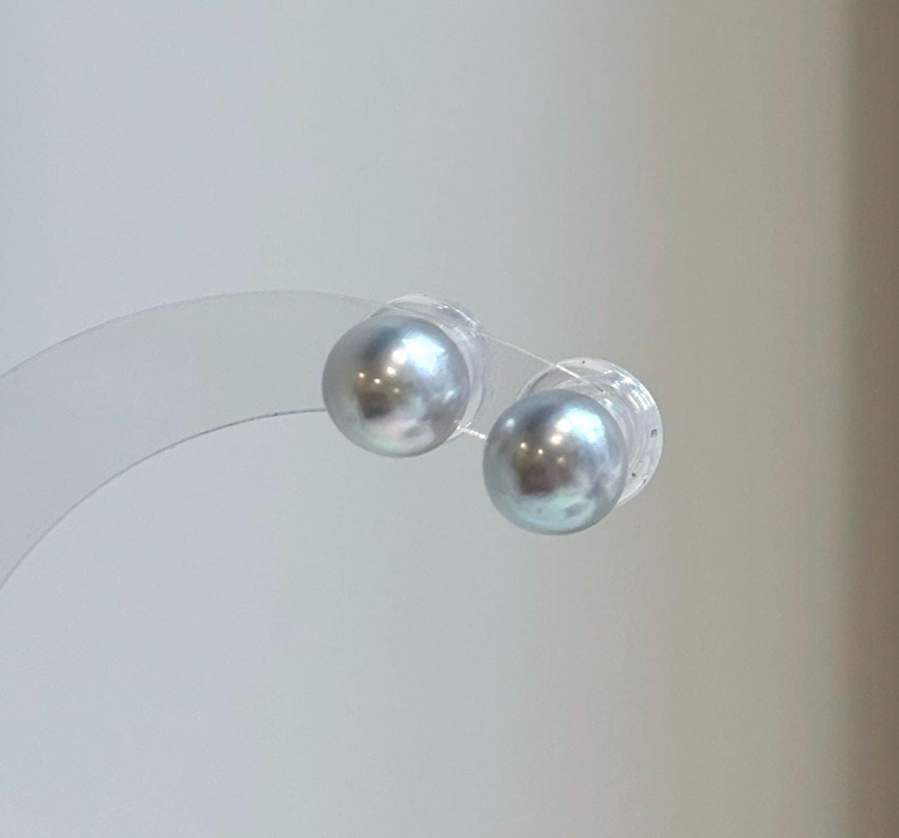 Elly’s 8.7mm Akoya blue silver ocean Pearls Earrings Studs: Extreme luster Mirrored, S925 silver minimalist earring.