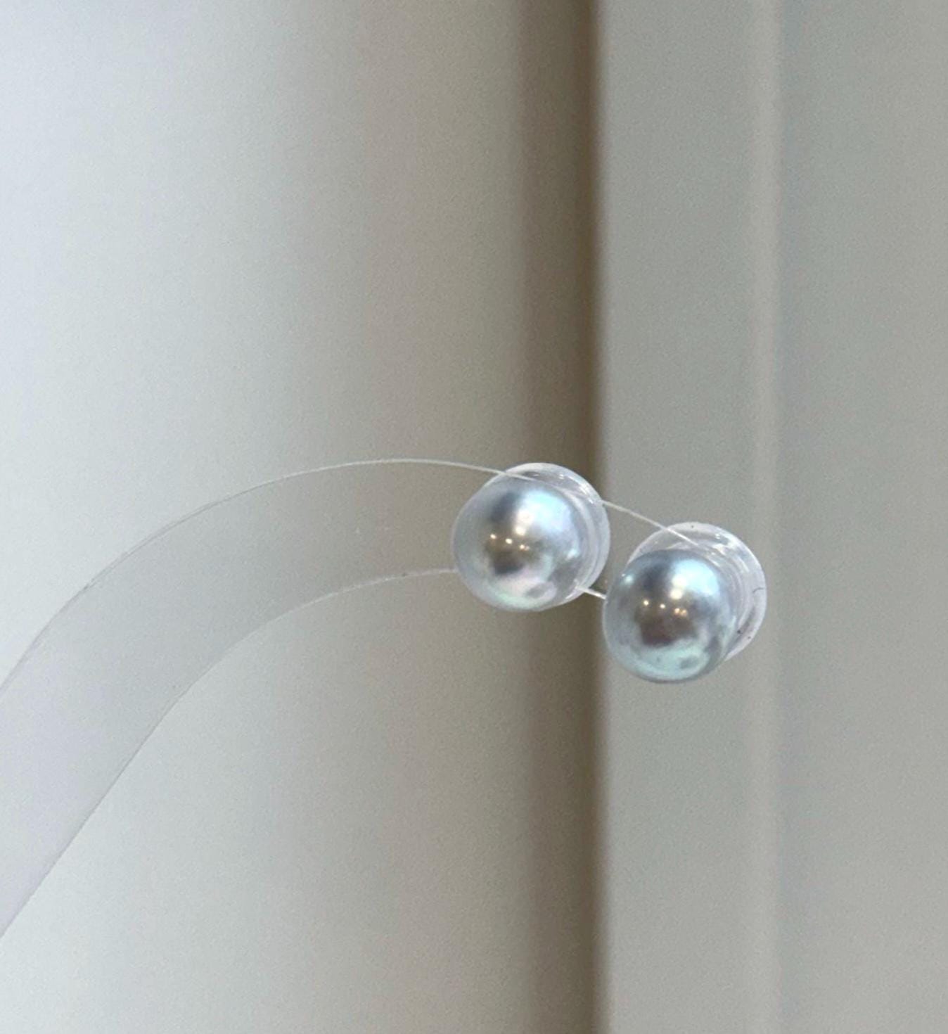 Elly’s 8.7mm Akoya blue silver ocean Pearls Earrings Studs: Extreme luster Mirrored, S925 silver minimalist earring.