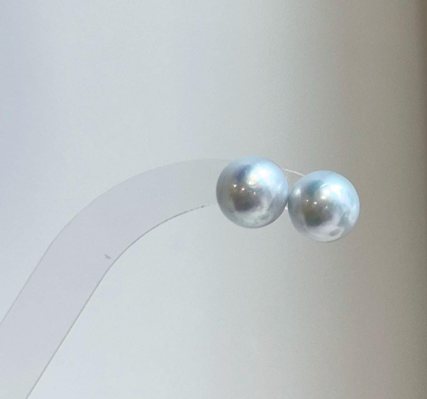 Elly’s 11.2mm White Blue Edison Pearls Earrings studs: Extreme luster Mirrored, S925 silver minimalist earrings.