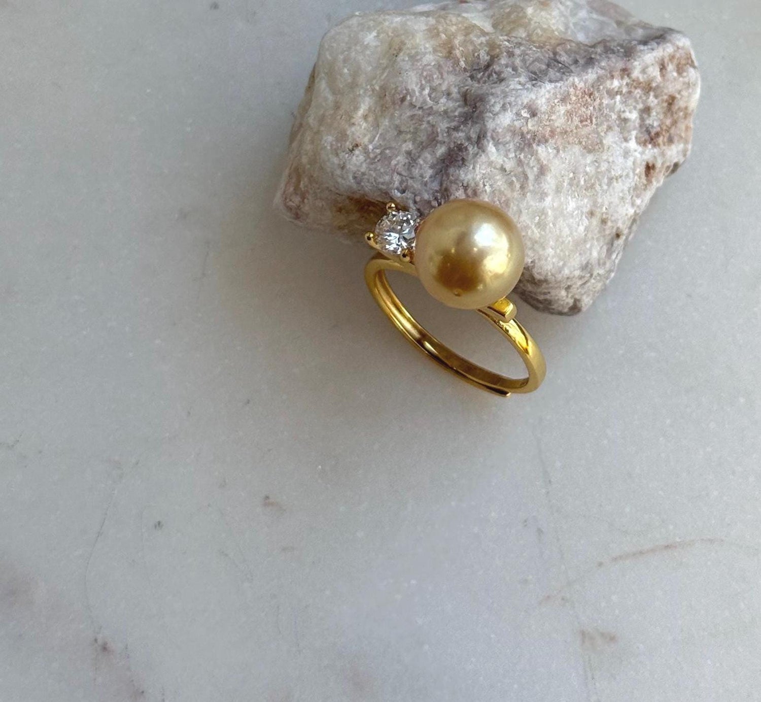 Elly’s 9.6mm South sea deep golden ocean pearl Ring: Extreme luster mirrored, S925 silver with gold plated adjustable floral Ring. high quality golden pearl ring for her