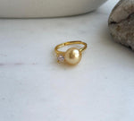 Elly’s 9.6mm South sea deep golden ocean pearl Ring: Extreme luster mirrored, S925 silver with gold plated adjustable floral Ring. high quality golden pearl ring for her