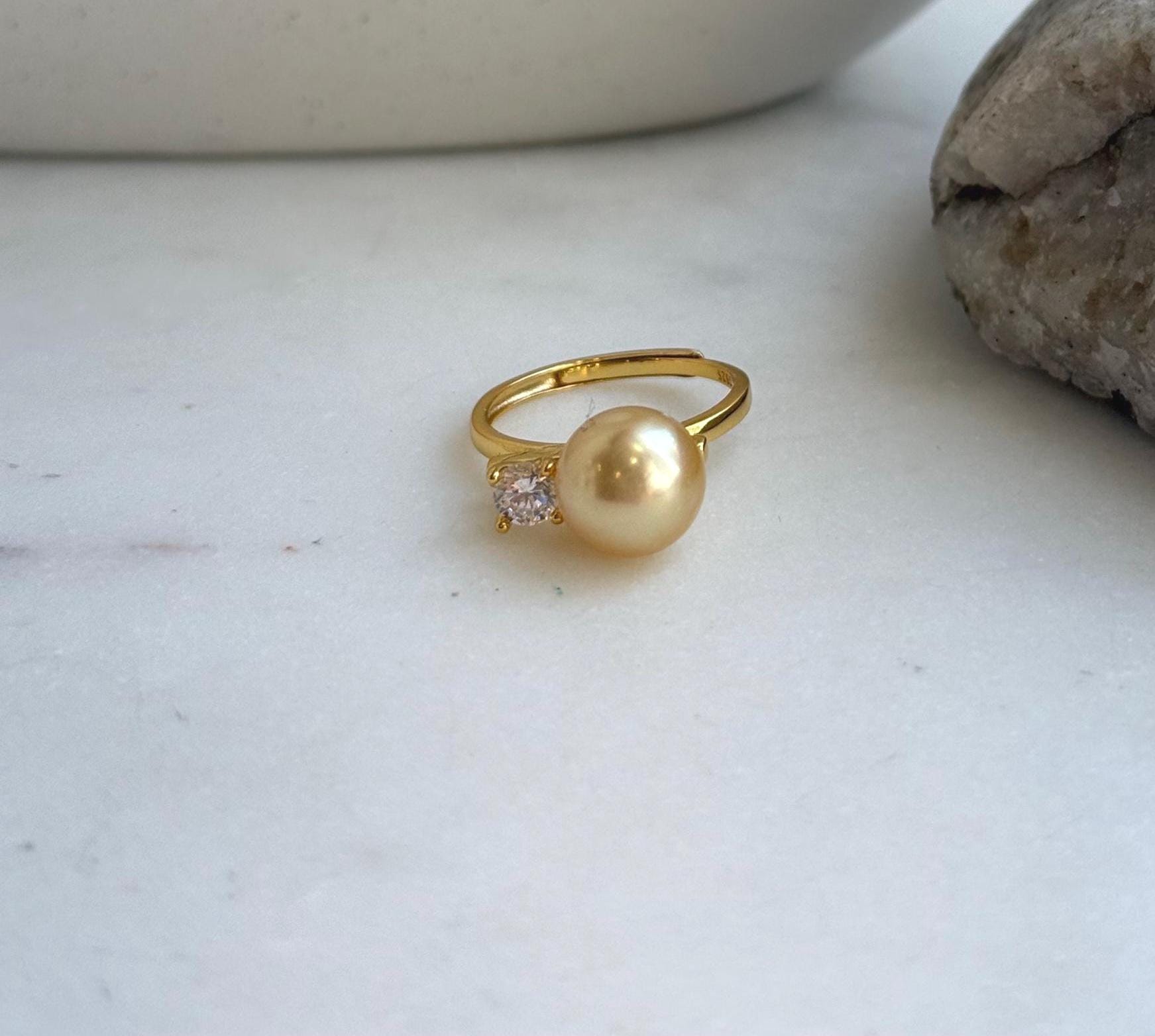 Elly’s 9.6mm South sea deep golden ocean pearl Ring: Extreme luster mirrored, S925 silver with gold plated adjustable floral Ring. high quality golden pearl ring for her