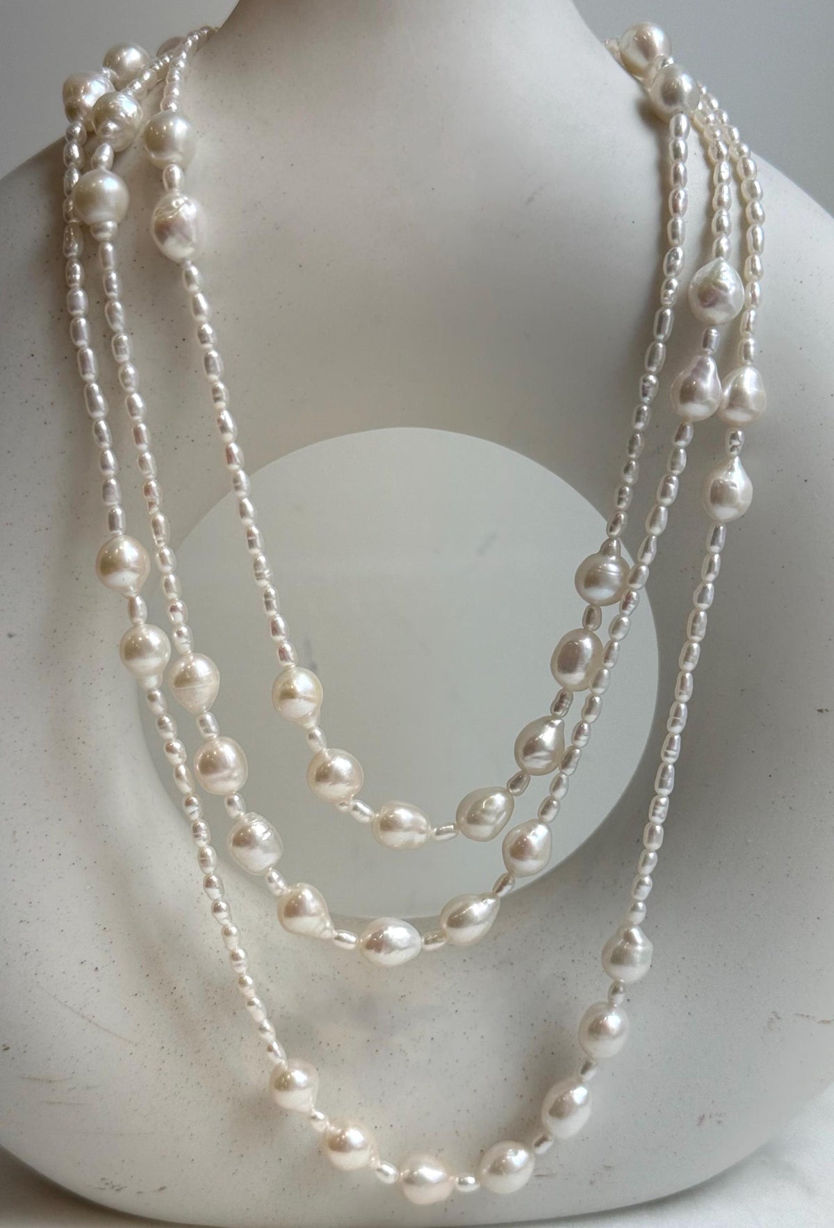 Elly’s 2.5-7.5mm Freshwater white iridescent Keshi pearls Long necklace:Extreme luster mirrored.