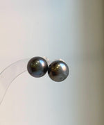 Elly’s 13.1mm Large Tahitian Black Platinum ocean Pearls Earrings Studs: Extreme luster Mirrored,S925 silver minimalist earrings.
