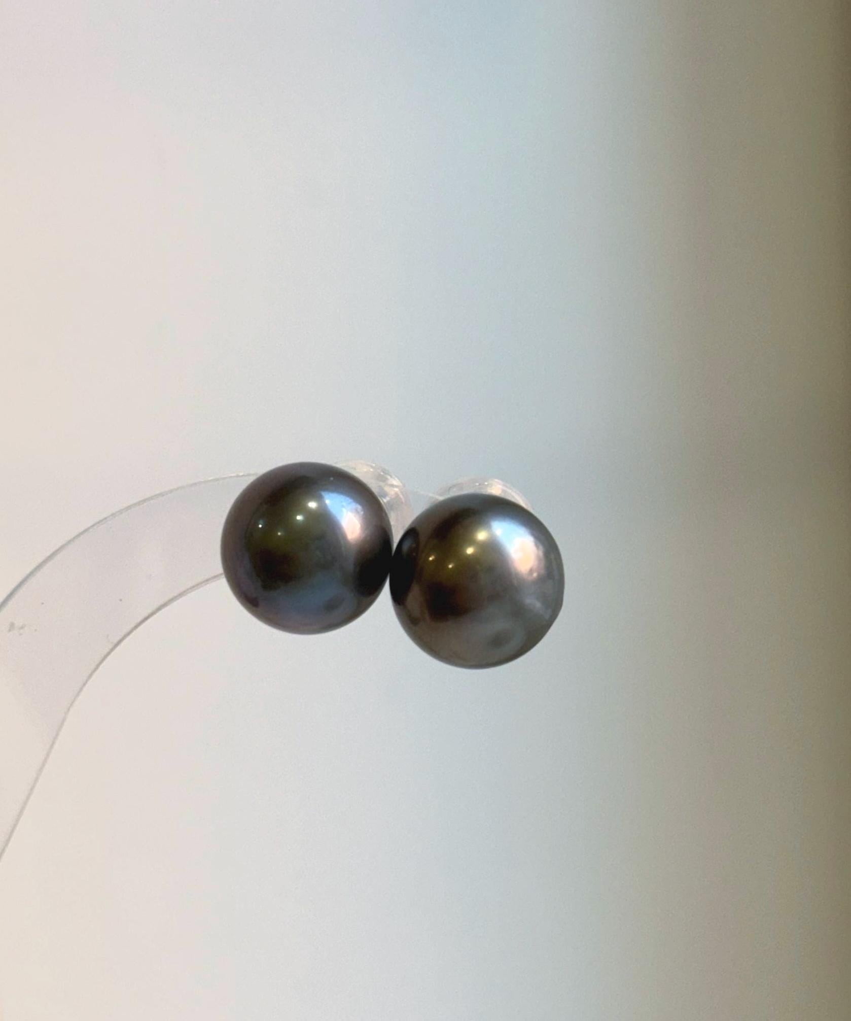 Elly’s 13.1mm Large Tahitian Black Platinum ocean Pearls Earrings Studs: Extreme luster Mirrored,S925 silver minimalist earrings.