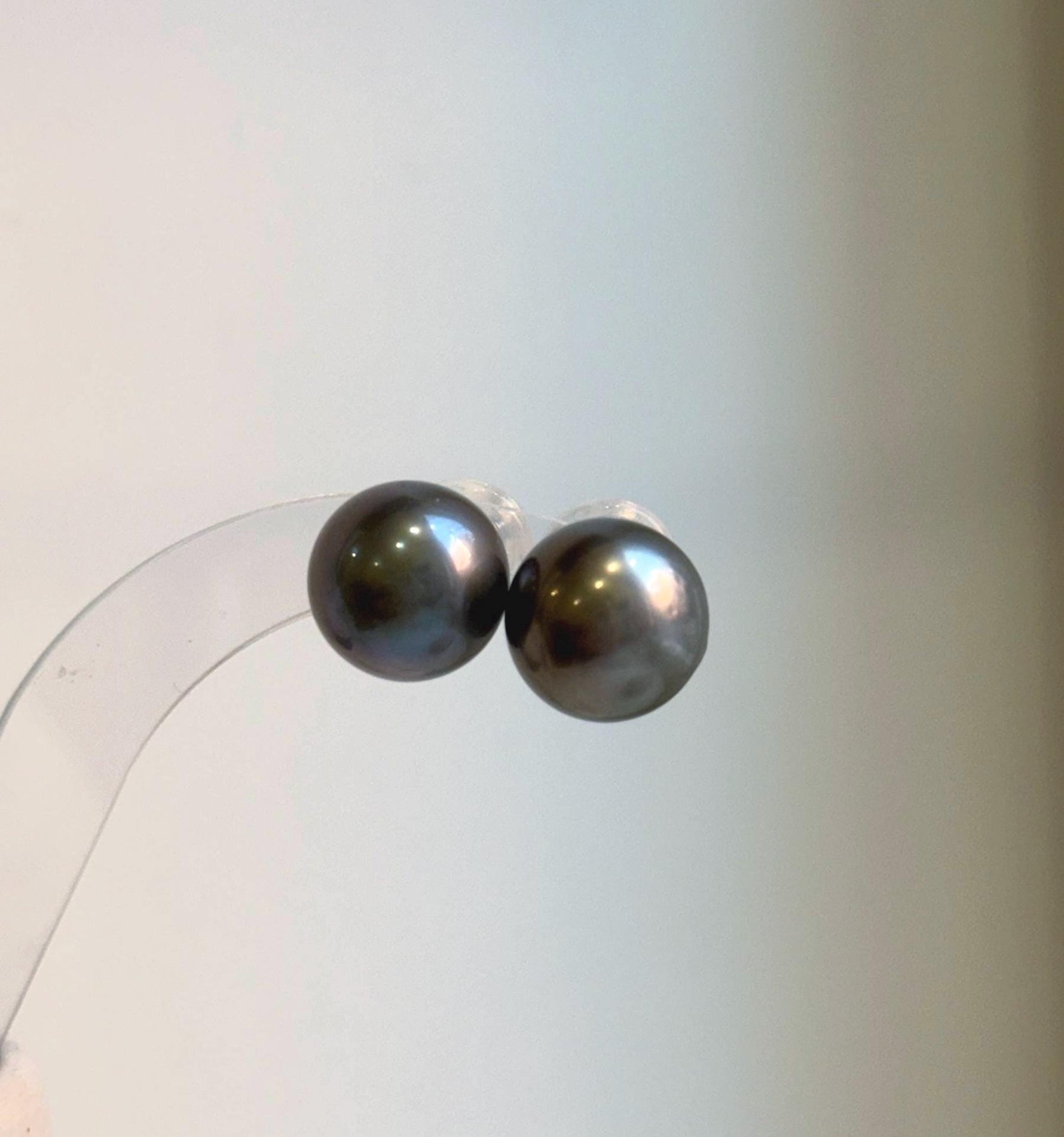 Elly’s 13.1mm Large Tahitian Black Platinum ocean Pearls Earrings Studs: Extreme luster Mirrored,S925 silver minimalist earrings.