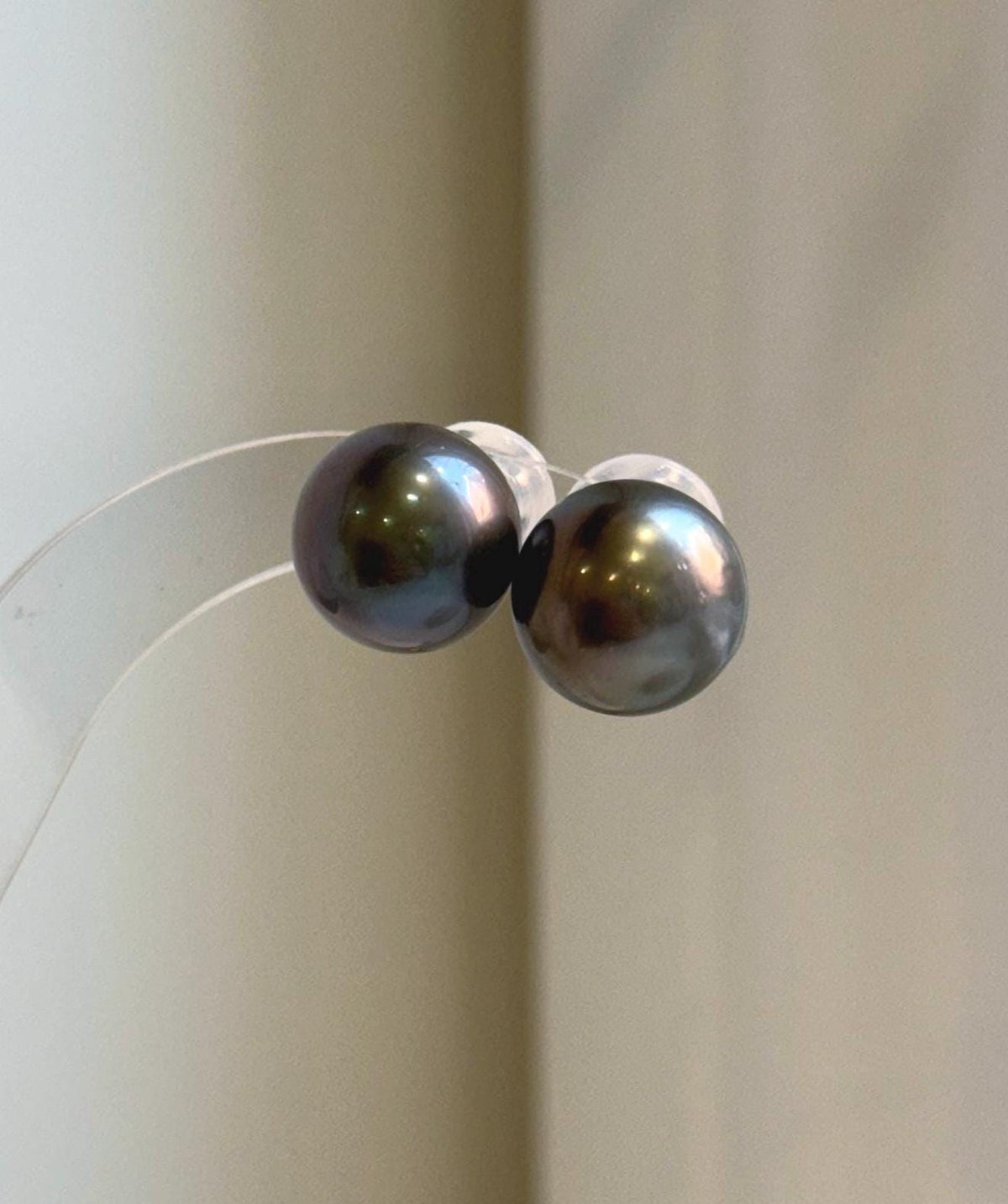 Elly’s 13.1mm Large Tahitian Black Platinum ocean Pearls Earrings Studs: Extreme luster Mirrored,S925 silver minimalist earrings.