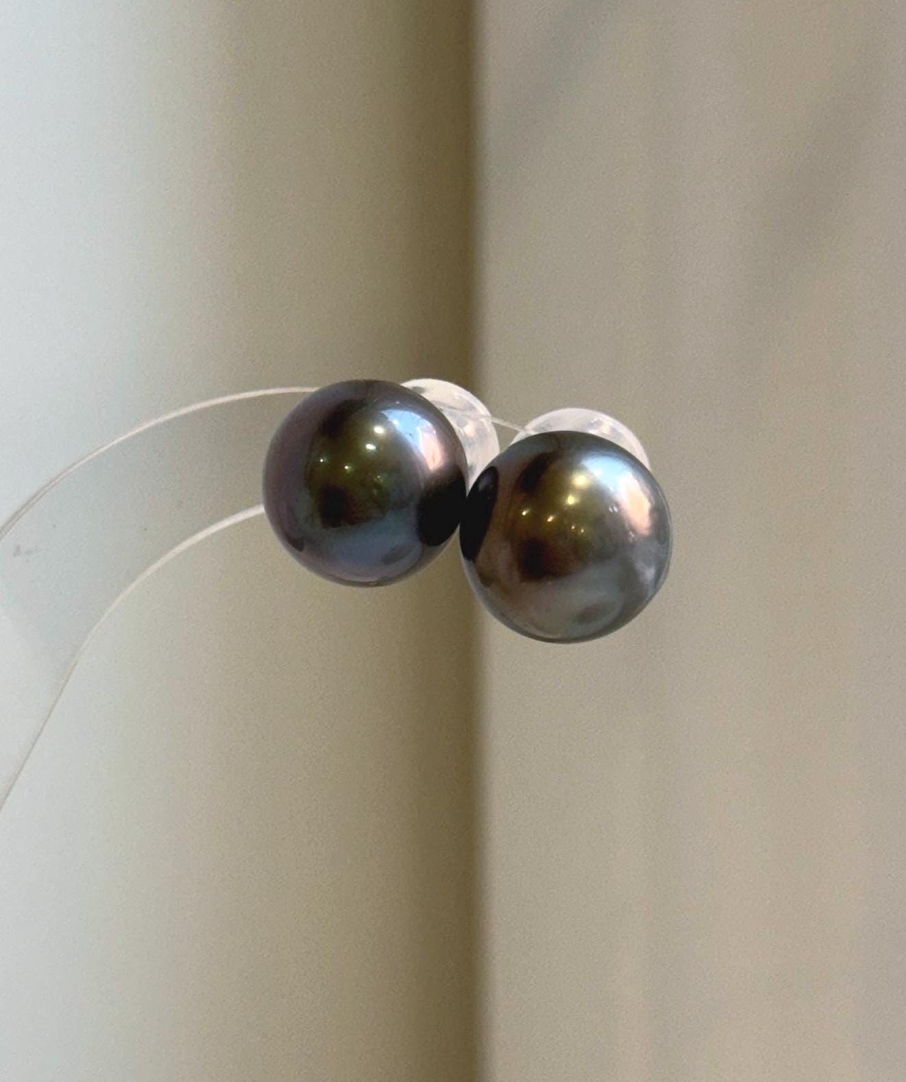 Elly’s 13.1mm Large Tahitian Black Platinum ocean Pearls Earrings Studs: Extreme luster Mirrored,S925 silver minimalist earrings.