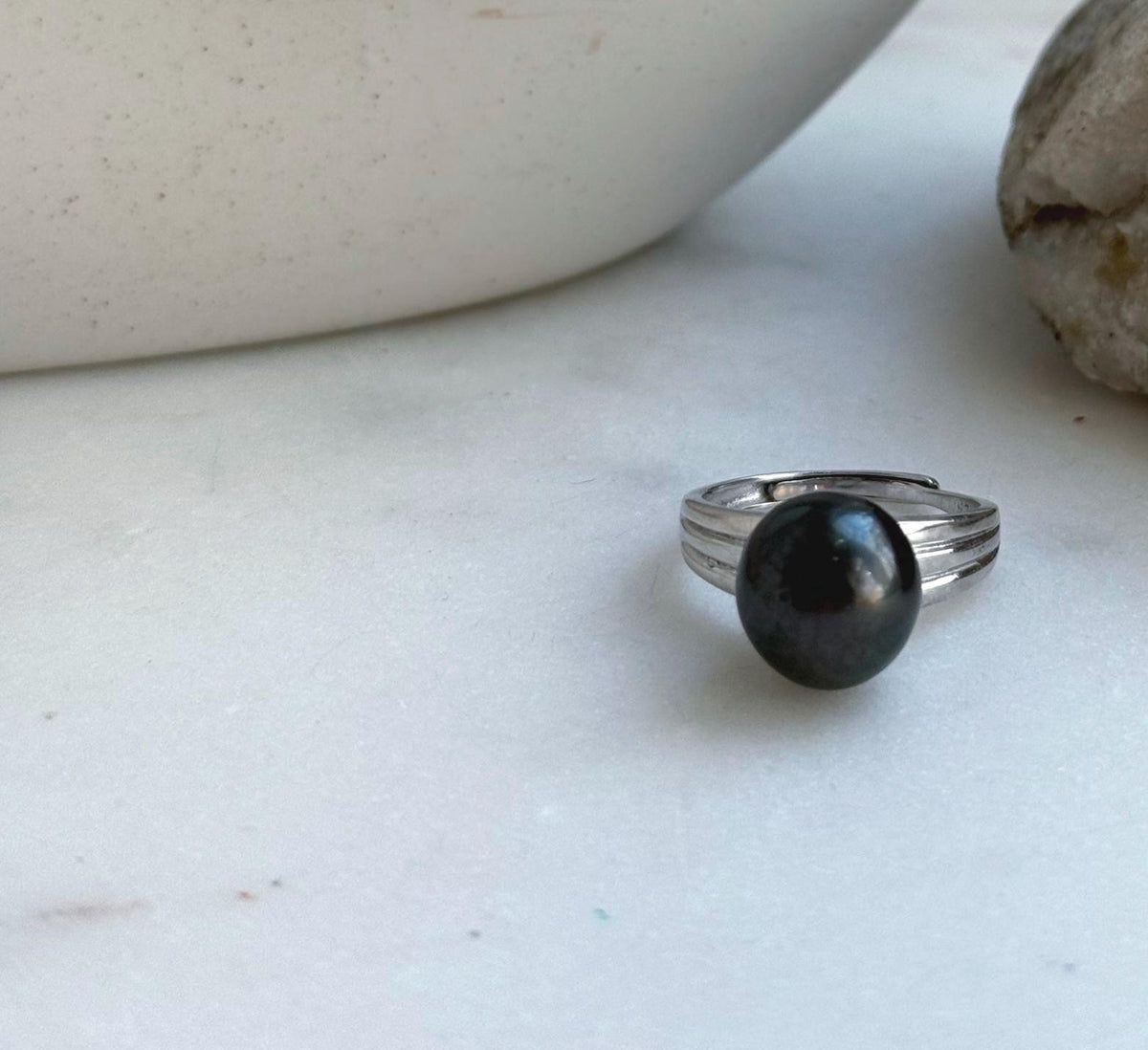 Elly’s 10.8x11.3mm Tahitian Ocean black Platinum Pearl Ring: Extreme luster mirrored, S925 silver Minimalist adjustable Ring.
