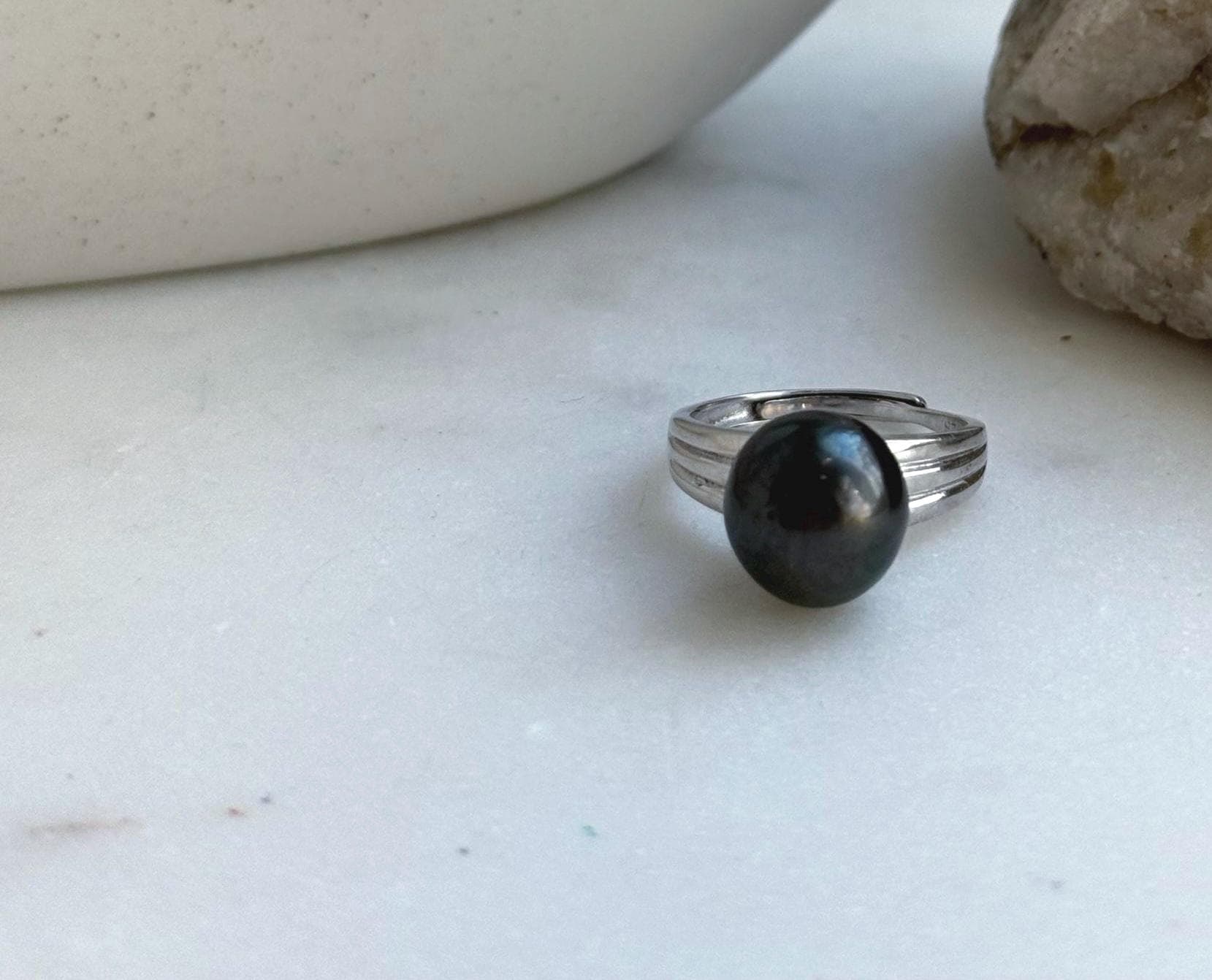 Elly’s 10.8x11.3mm Tahitian Ocean black Platinum Pearl Ring: Extreme luster mirrored, S925 silver Minimalist adjustable Ring.high quality black pearl ring for her birthday