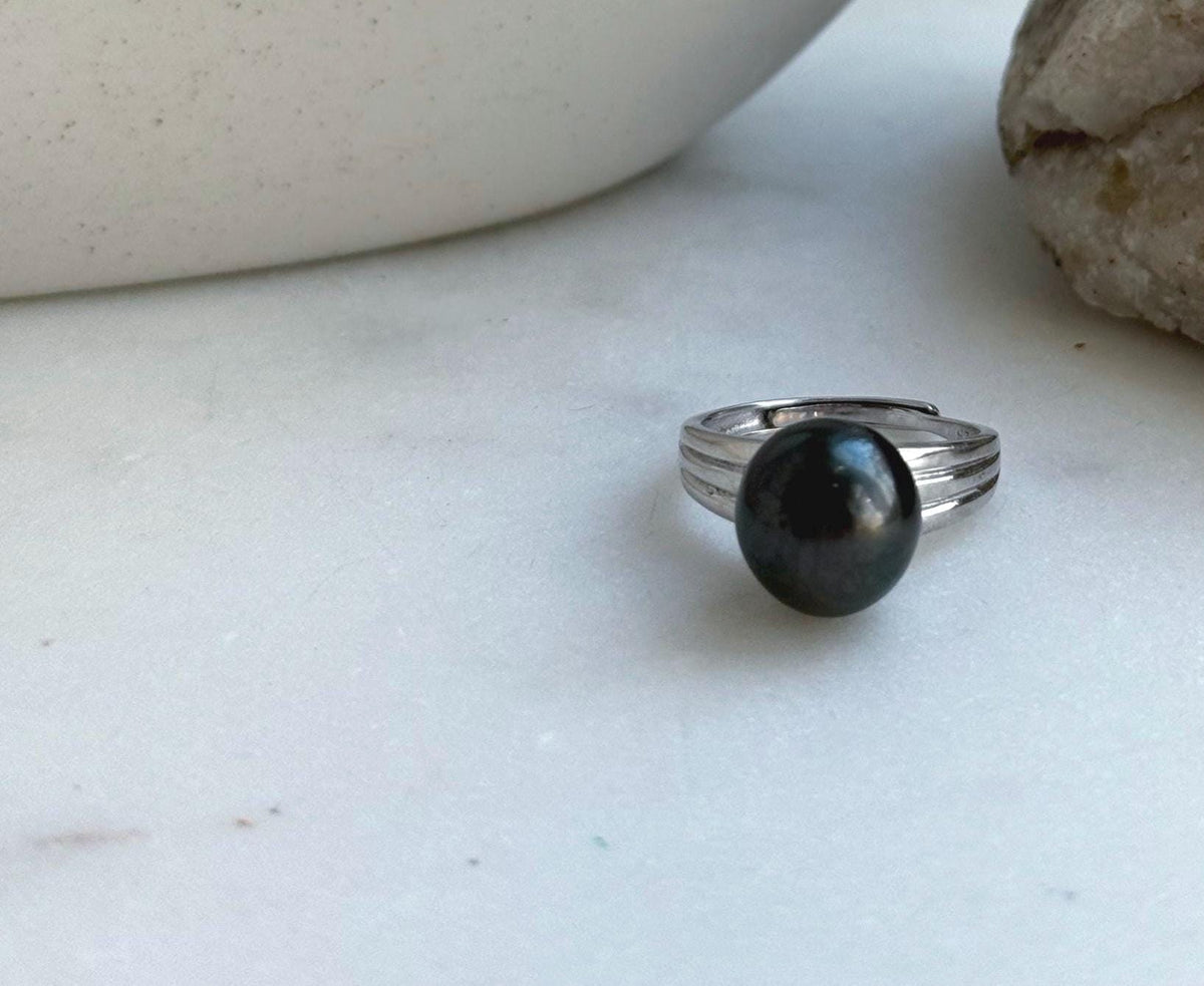 Elly’s 10.8x11.3mm Tahitian Ocean black Platinum Pearl Ring: Extreme luster mirrored, S925 silver Minimalist adjustable Ring.high quality black pearl ring for her Mother’s Day gift