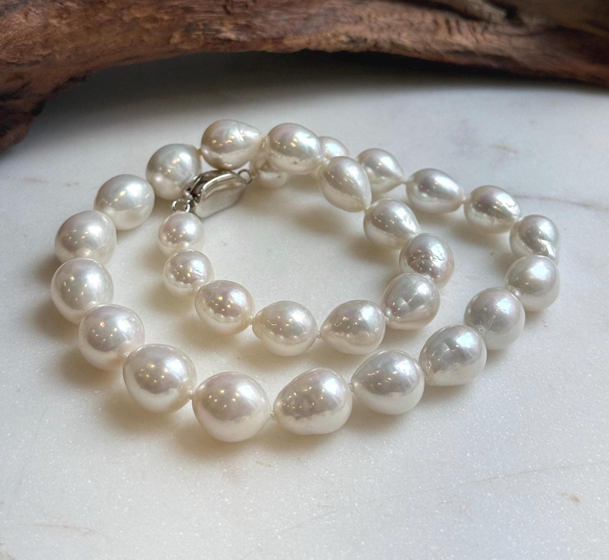 Elly’s 29pcs 10-12.7mm white iridescent Pearls Necklace Strand: Extreme luster mirrored, 17.7”, S925 silver necklace. high quality daily office white pearls necklace for her anniversary