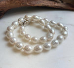 Elly’s 29pcs 10-12.7mm white iridescent Pearls Necklace Strand: Extreme luster mirrored, 17.7”, S925 silver necklace. high quality daily office white pearls necklace for her anniversary