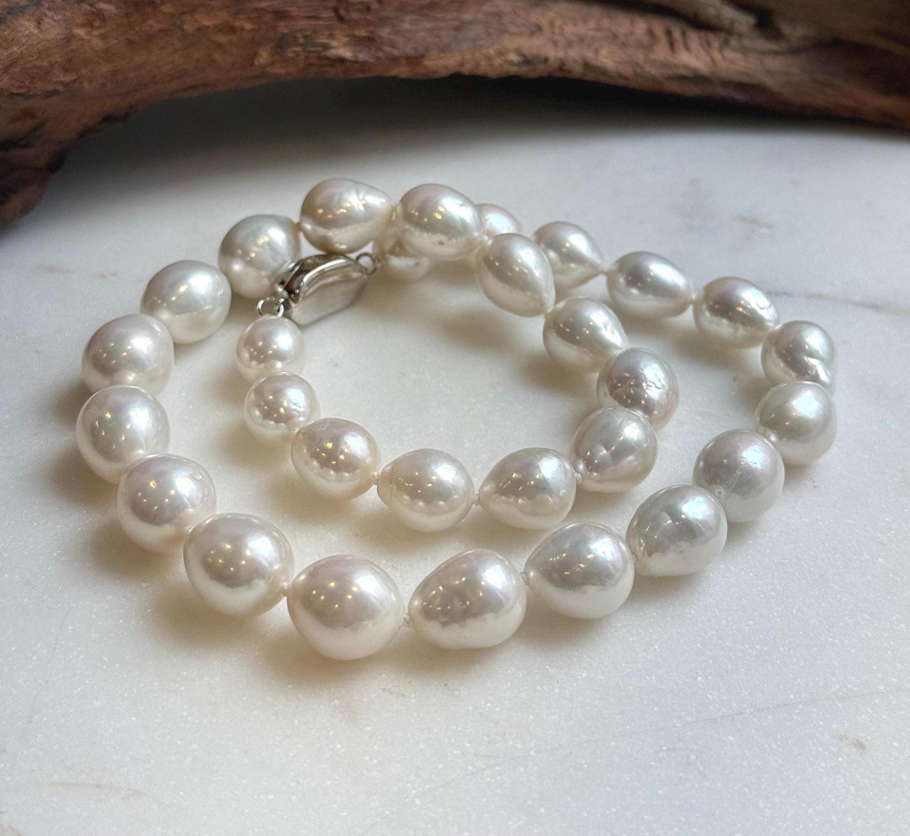 Elly’s 29pcs 10-12.7mm white iridescent Pearls Necklace Strand: Extreme luster mirrored, 17.7”, S925 silver necklace. high quality daily office white pearls necklace for her anniversary