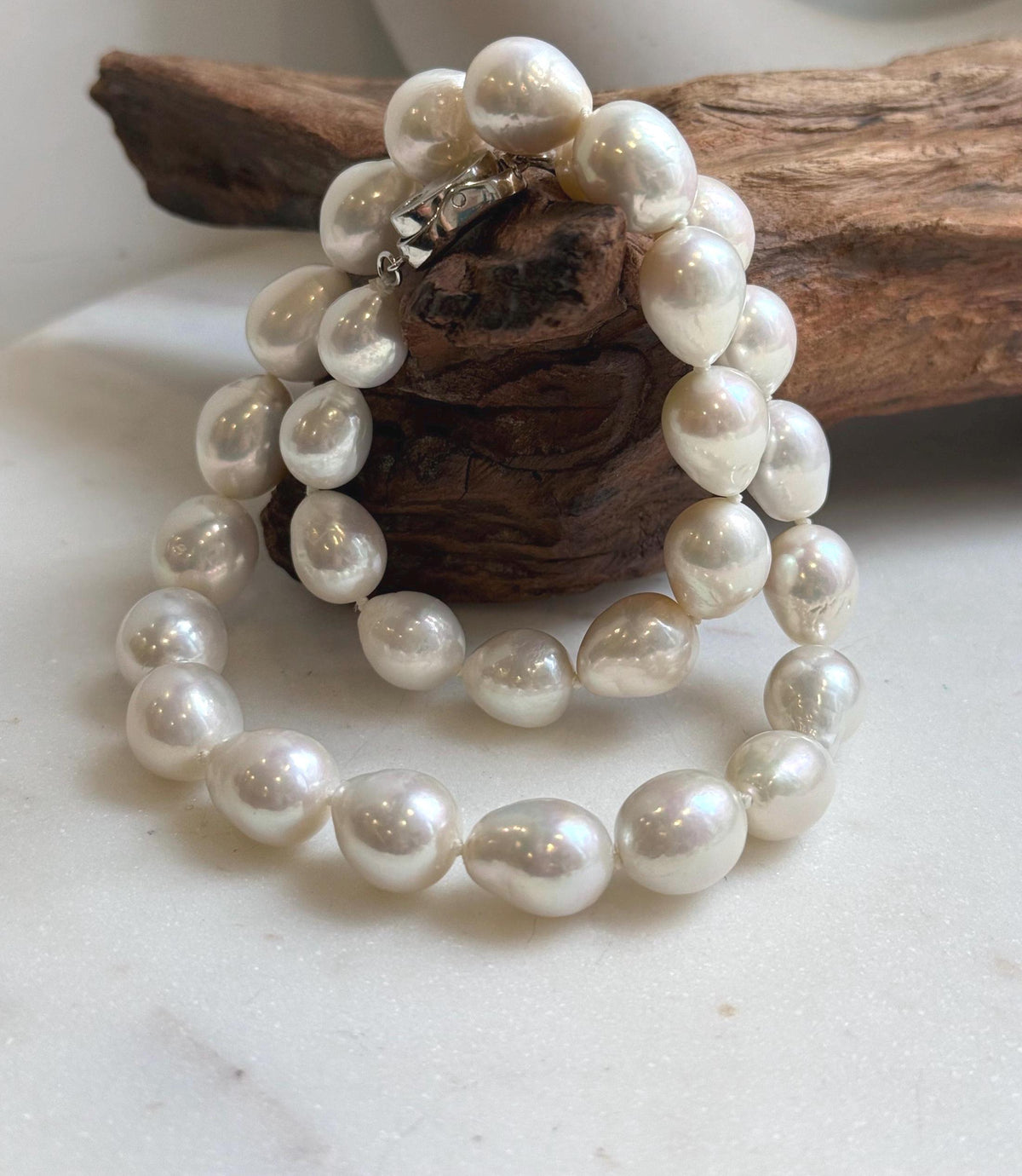 Elly’s 29pcs 10-12.7mm white iridescent Pearls Necklace Strand: Extreme luster mirrored, 17.7”, S925 silver necklace. high quality daily office white pearls necklace for her