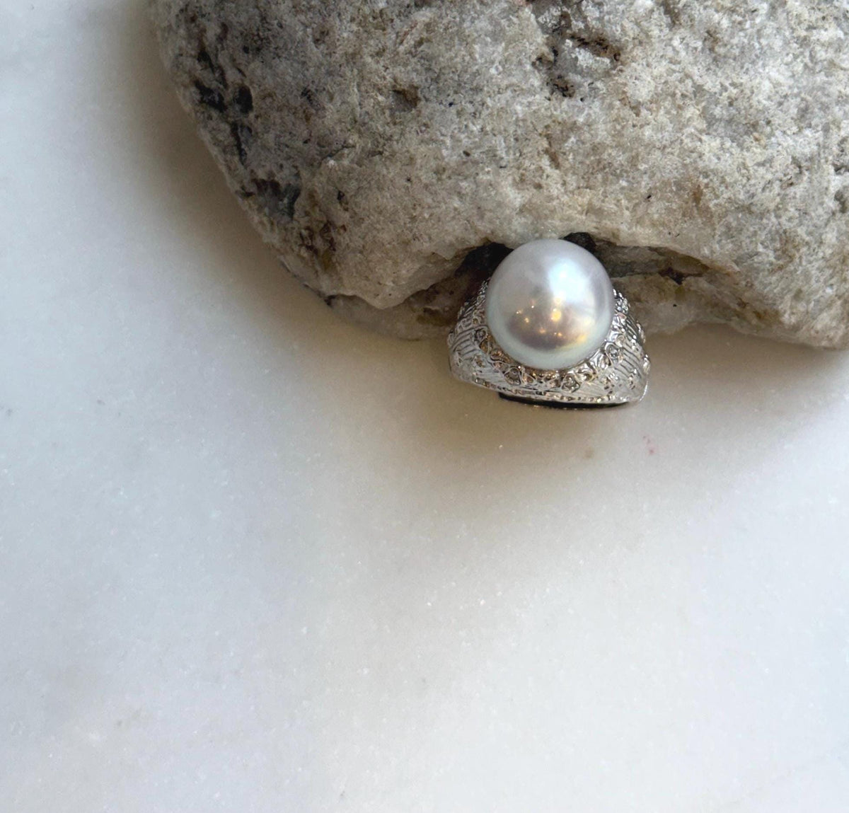 Elly’s 12.4mm Australian ocean white blue pearl Ring: Extreme luster mirrored, S925 silver adjustable Vintage Ring. high quality white ocean pearl silver ring for her