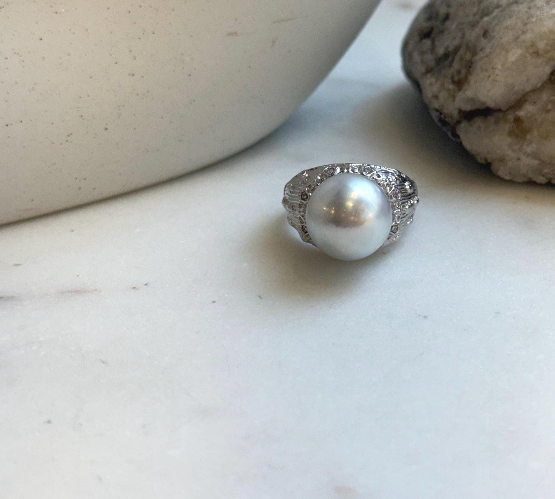 Elly’s 12.4mm Australian ocean white blue pearl Ring: Extreme luster mirrored, S925 silver adjustable Vintage Ring. high quality white ocean pearl silver ring for her anniversary