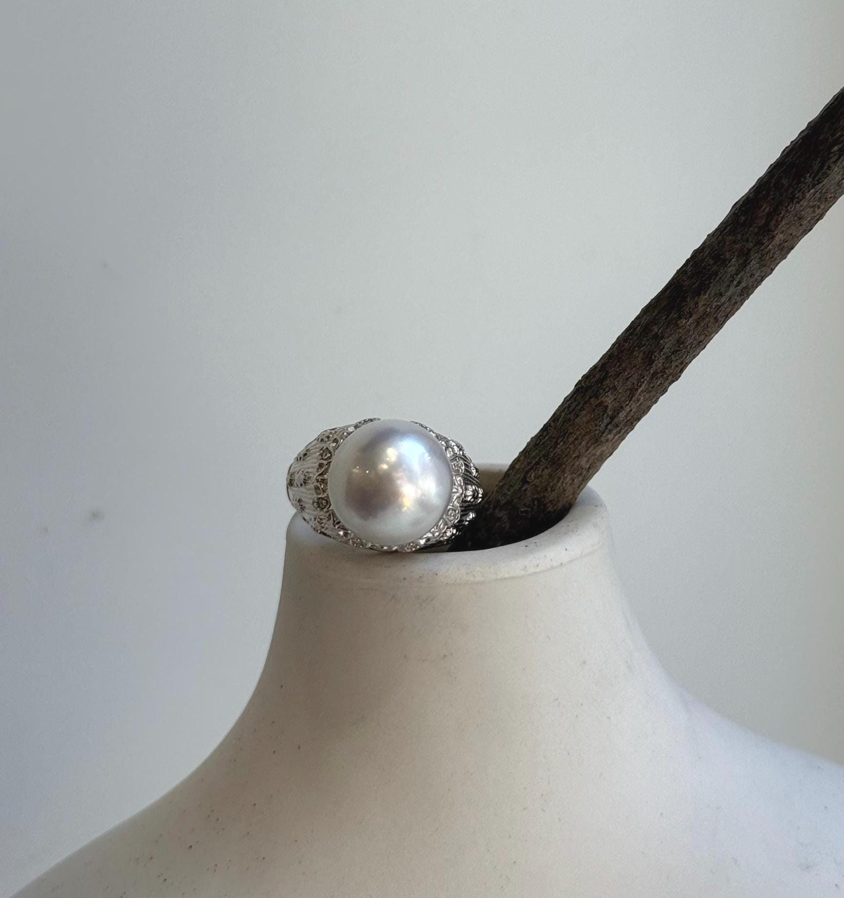 Elly’s 12.4mm Australian ocean white blue pearl Ring: Extreme luster mirrored, S925 silver adjustable Vintage Ring. high quality white ocean pearl silver ring for her holiday
