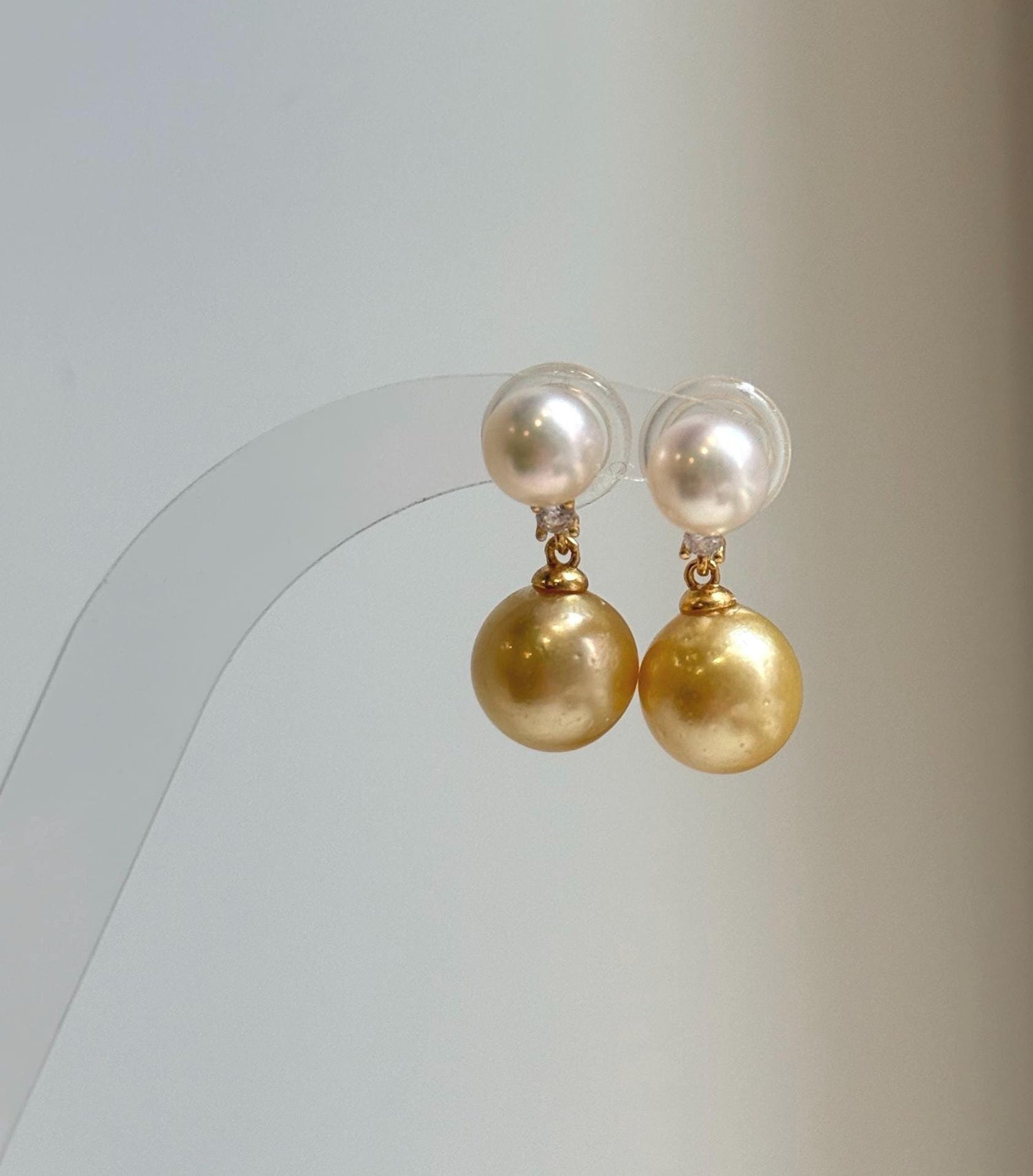 Elly’s 7.5-10.7mm South sea golden Akoya ocean Pearls Earrings: Extreme luster Mirrored, 2.2cm high, S925 silver earrings. high quality golden pearl earrings for her