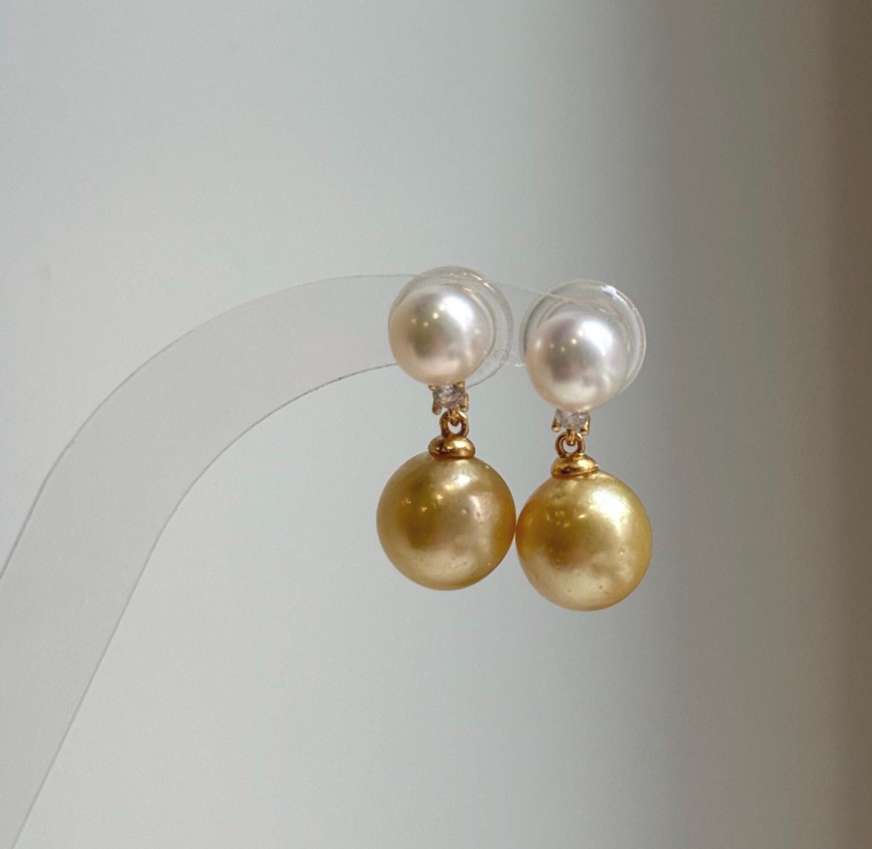 Elly’s 7.5-10.7mm South sea golden Akoya ocean Pearls Earrings: Extreme luster Mirrored, 2.2cm high, S925 silver earrings. high quality golden pearl earrings for her