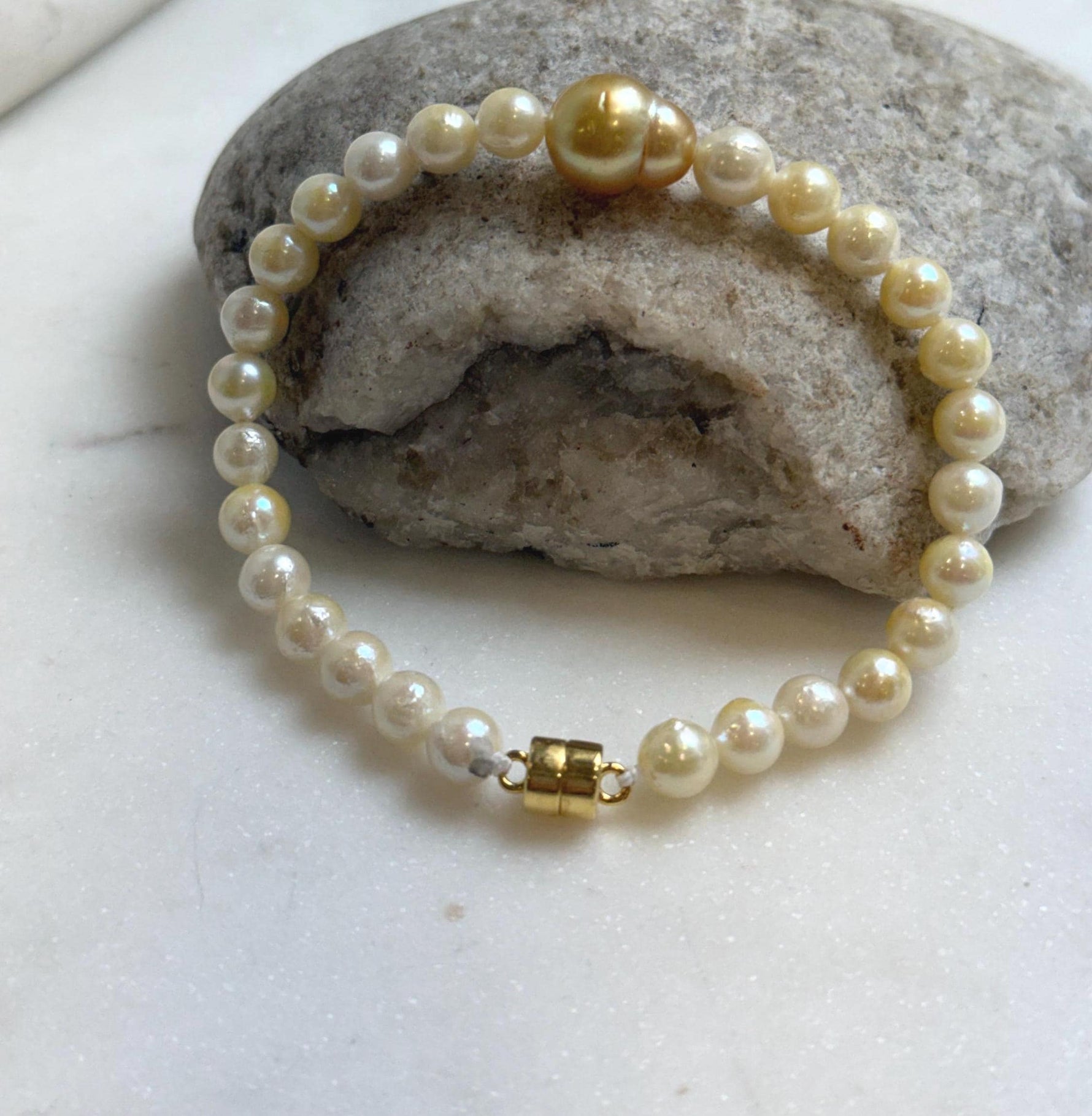 Elly’s 10.7mm South sea Gourd deep golden Akoya ocean Pearls Bracelet: Extreme luster mirrored, S925 silver Bracelet. Different size.