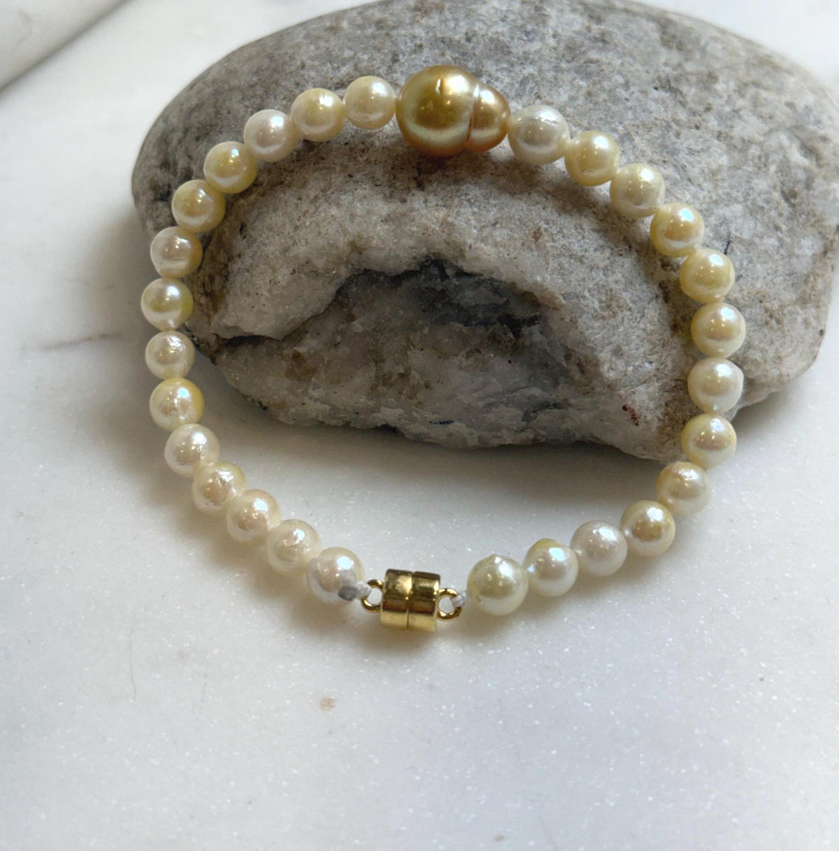 Elly’s 10.7mm South sea Gourd deep golden Akoya ocean Pearls Bracelet: Extreme luster mirrored, S925 silver Bracelet. Different size.