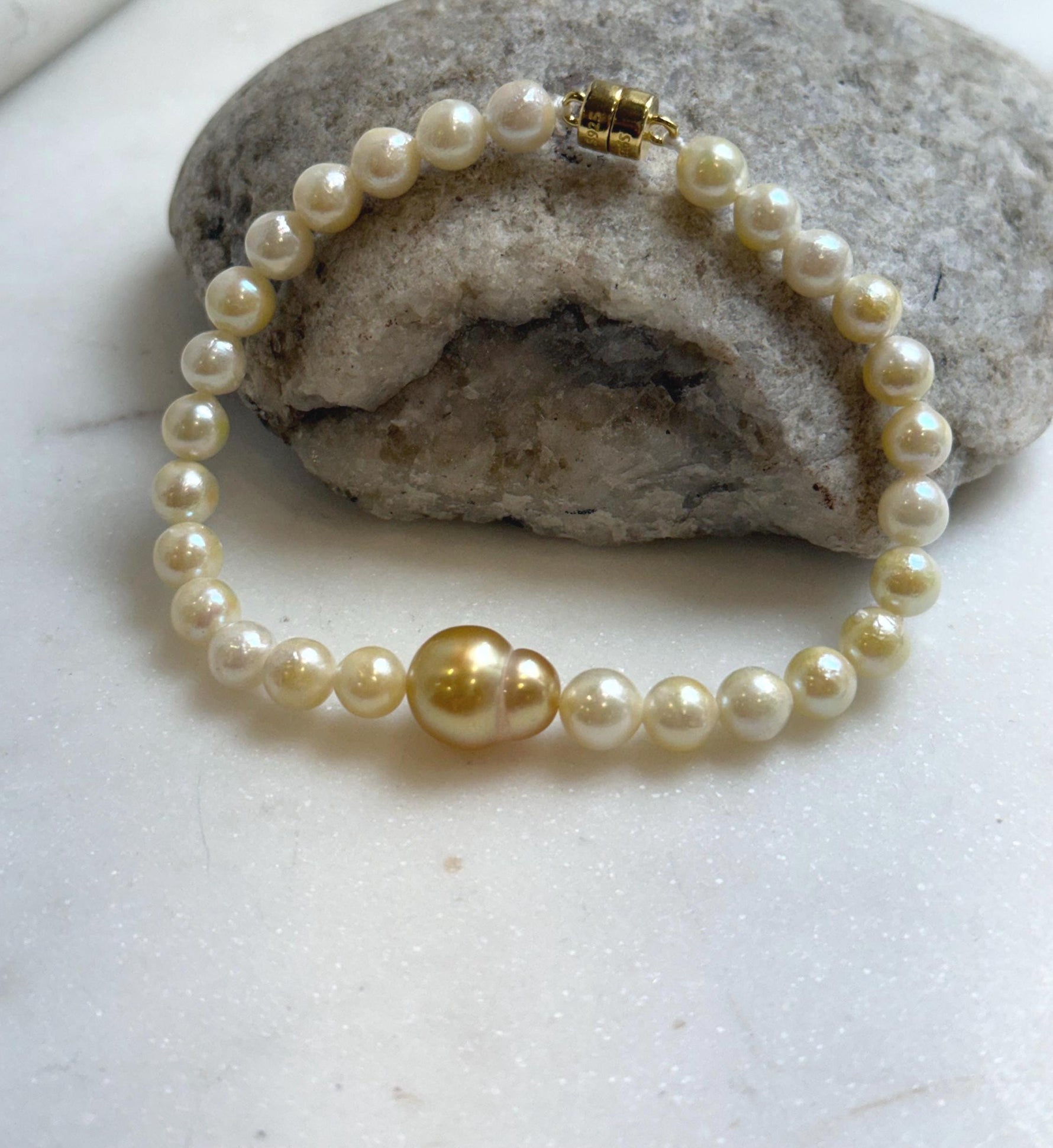 Elly’s 10.7mm South sea Gourd deep golden Akoya ocean Pearls Bracelet: Extreme luster mirrored, S925 silver Bracelet. Different size.