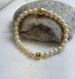 Elly’s 10.7mm South sea Gourd deep golden Akoya ocean Pearls Bracelet: Extreme luster mirrored, S925 silver Bracelet. Different size.