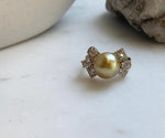 Elly’s 10.5mm South sea deep Tea gold ocean pearl Ring: Extreme luster, 1.2x2cm, S925 silver with gold plated adjustable Vintage Ring.high quality golden pearl ring for her daily office wear