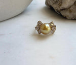 Elly’s 10.5mm South sea deep Tea gold ocean pearl Ring: Extreme luster, 1.2x2cm, S925 silver with gold plated adjustable Vintage Ring.high quality golden pearl ring for her