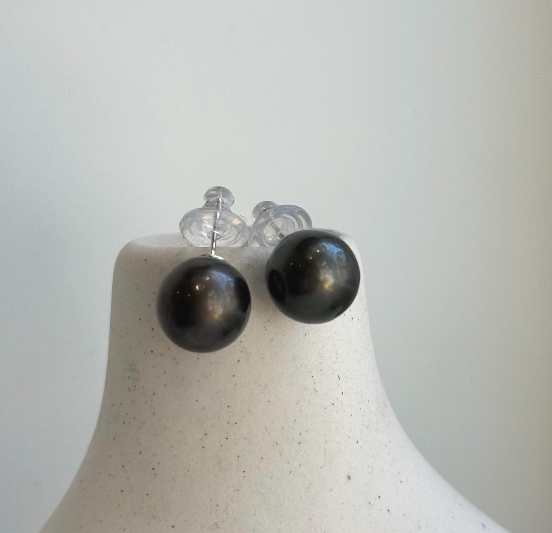 Elly’s 12.7mm Tahitian Black Platinum ocean Pearls Earrings Studs: Extreme luster Mirrored,S925 silver minimalist earrings. daily office black pearl earrings studs for her birthday