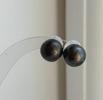 Elly’s 12.7mm Tahitian Black Platinum ocean Pearls Earrings Studs: Extreme luster Mirrored,S925 silver minimalist earrings. daily office black pearl earrings studs for her