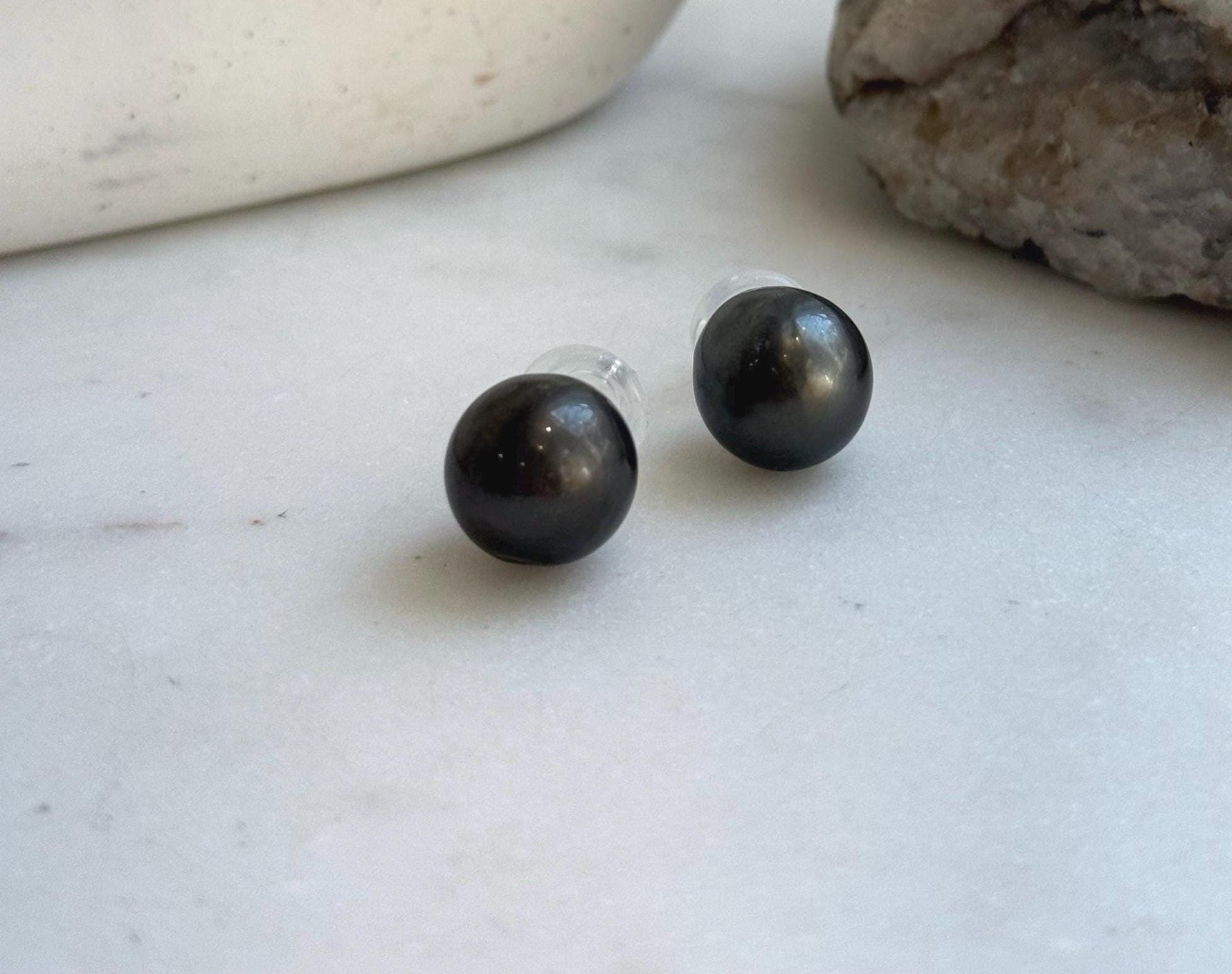 Elly’s 12.7mm Tahitian Black Platinum ocean Pearls Earrings Studs: Extreme luster Mirrored,S925 silver minimalist earrings. daily office black pearl earrings studs for her anniversary