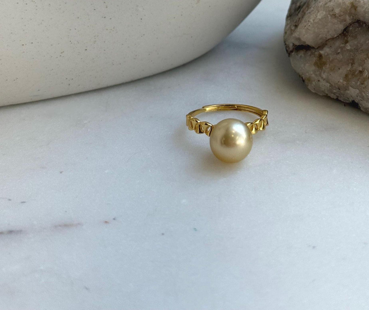 Elly’s 9.8mm South sea ultra gold ocean pearl Ring: Extreme luster, 1.2x2cm, S925 silver with gold plated adjustable Vintage Ring. gift for her