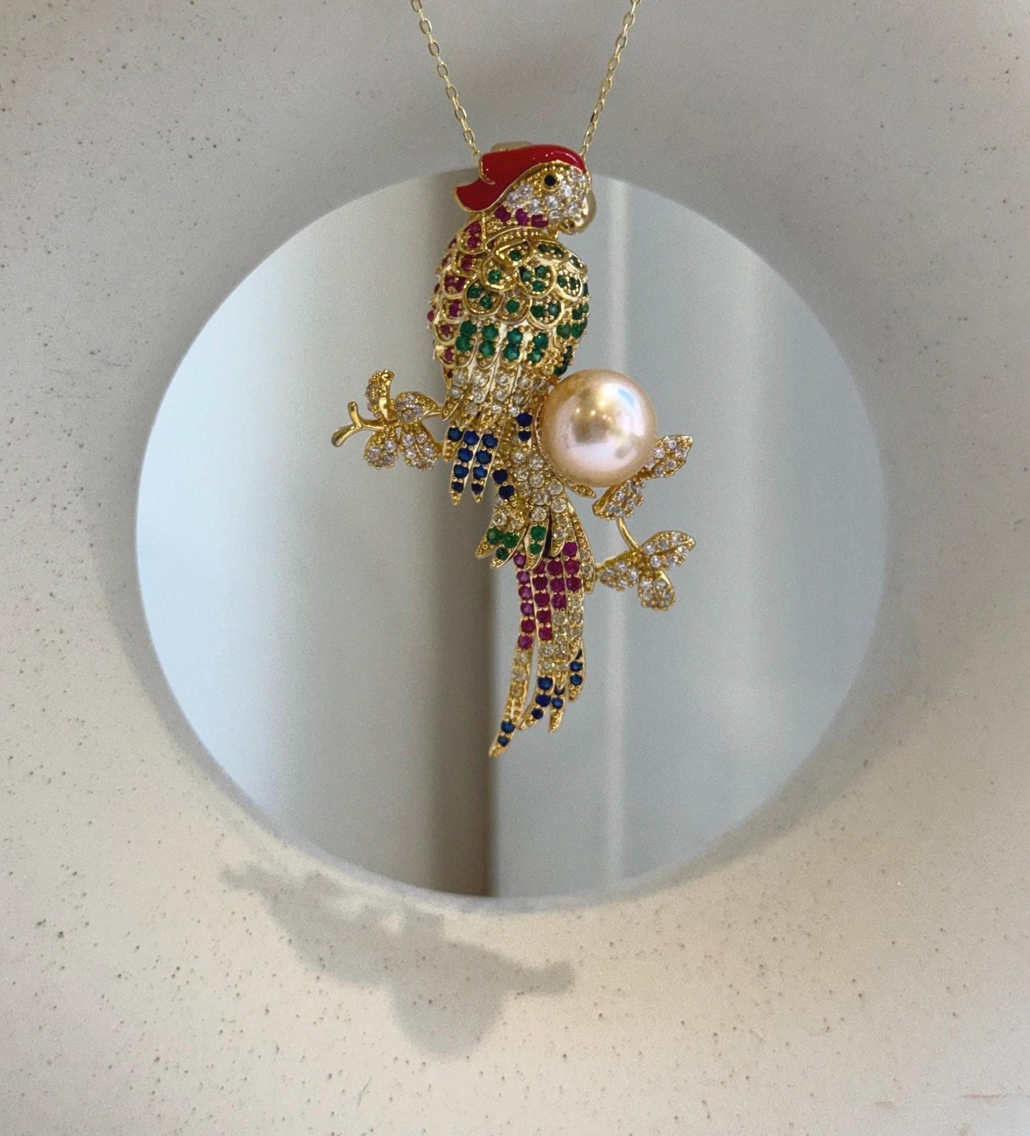 Elly’s Edison Peach Gold Pearl Parrot Brooch Pendant 2in1: Extreme luster mirrored, 11mm, 3.5x6cm, no chain. daily office pearl brooch for her