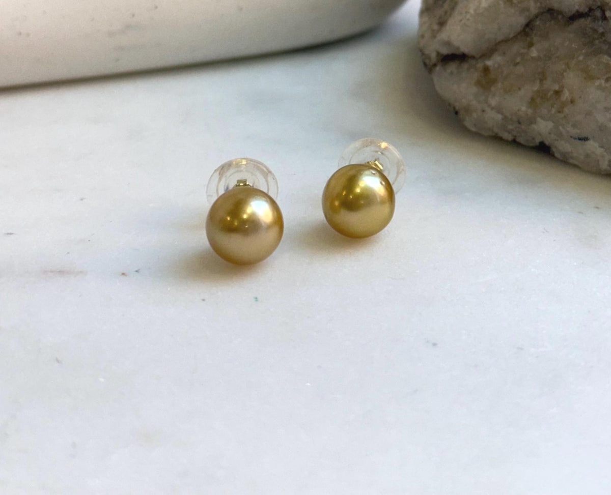 Elly’s 10mm Genius natural South sea Deep Tea Gold ocean Pearls Earrings studs: Extreme luster, S925 silver minimalist earrings studs. high quality golden ocean pearl earrings for her