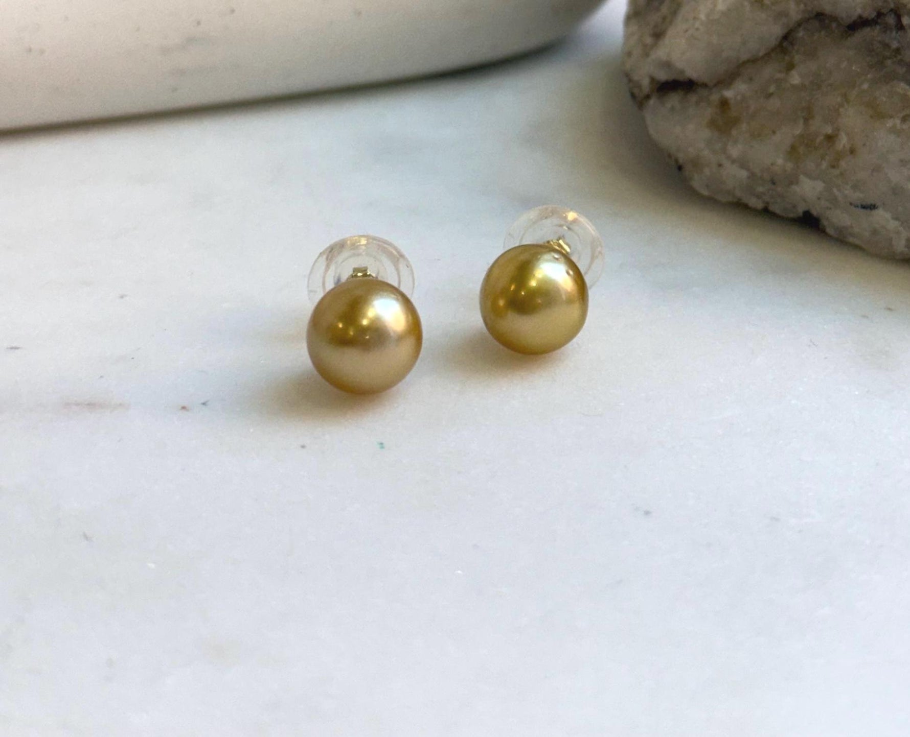 Elly’s 10mm Genius natural South sea Deep Tea Gold ocean Pearls Earrings studs: Extreme luster, S925 silver minimalist earrings studs. high quality golden ocean pearl earrings for her