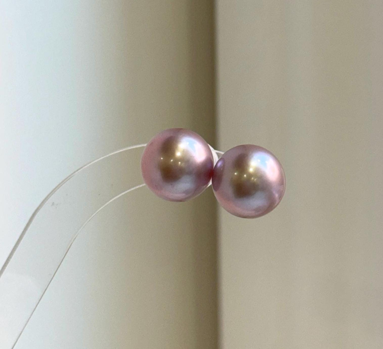 Elly’s 13.6mm Large Edison rose Mauve Pearls Earrings Studs: Extreme luster Mirrored, S925 silver minimalist earrings studs.high quality pearl earrings studs gift for her