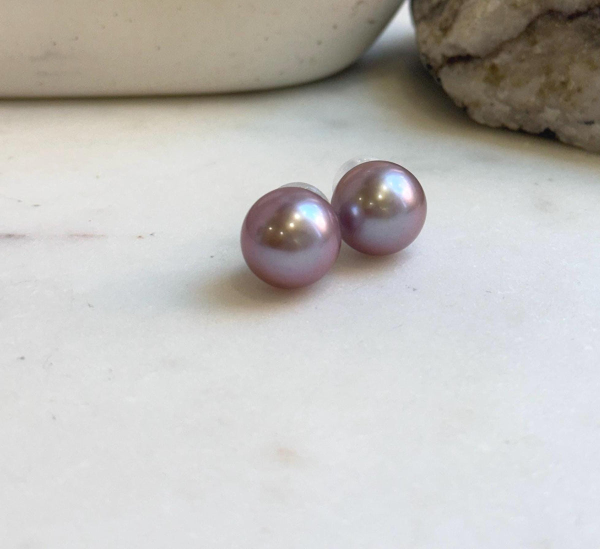 Elly’s 13.6mm Large Edison rose Mauve Pearls Earrings Studs: Extreme luster Mirrored, S925 silver minimalist earrings studs.high quality pearl earrings studs gift for her