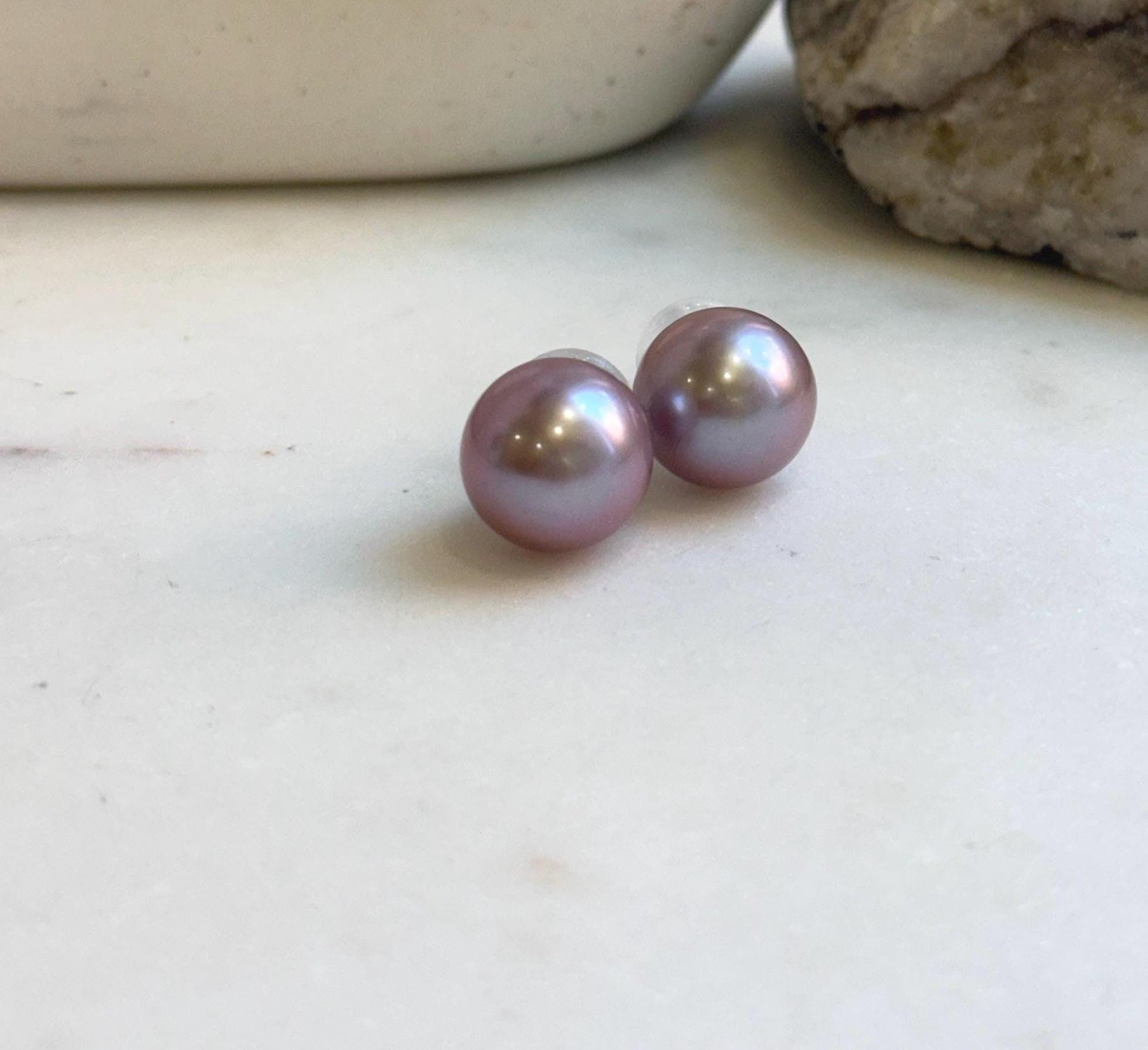 Elly’s 13.6mm Large Edison rose Mauve Pearls Earrings Studs: Extreme luster Mirrored, S925 silver minimalist earrings studs.high quality pearl earrings studs gift for her