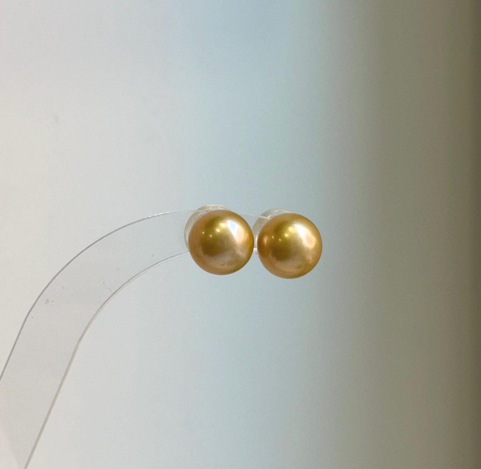 Elly’s 10.4mm Edison ultra gold Pearls Earrings Studs: Extreme luster Mirrored, S925 silver minimalist earrings studs.