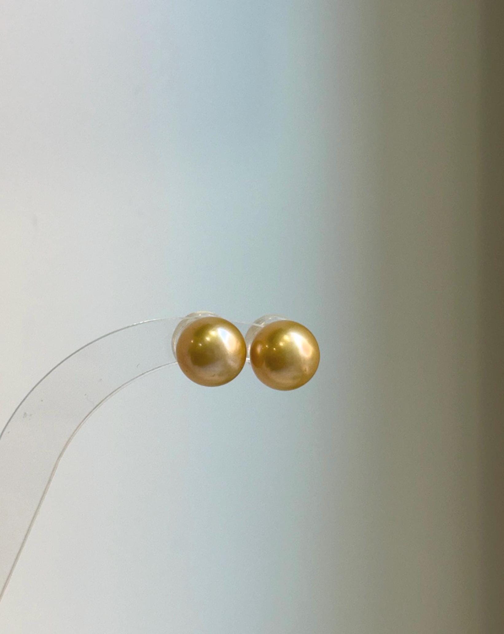 Elly’s 10.4mm Edison ultra gold Pearls Earrings Studs: Extreme luster Mirrored, S925 silver minimalist earrings studs.