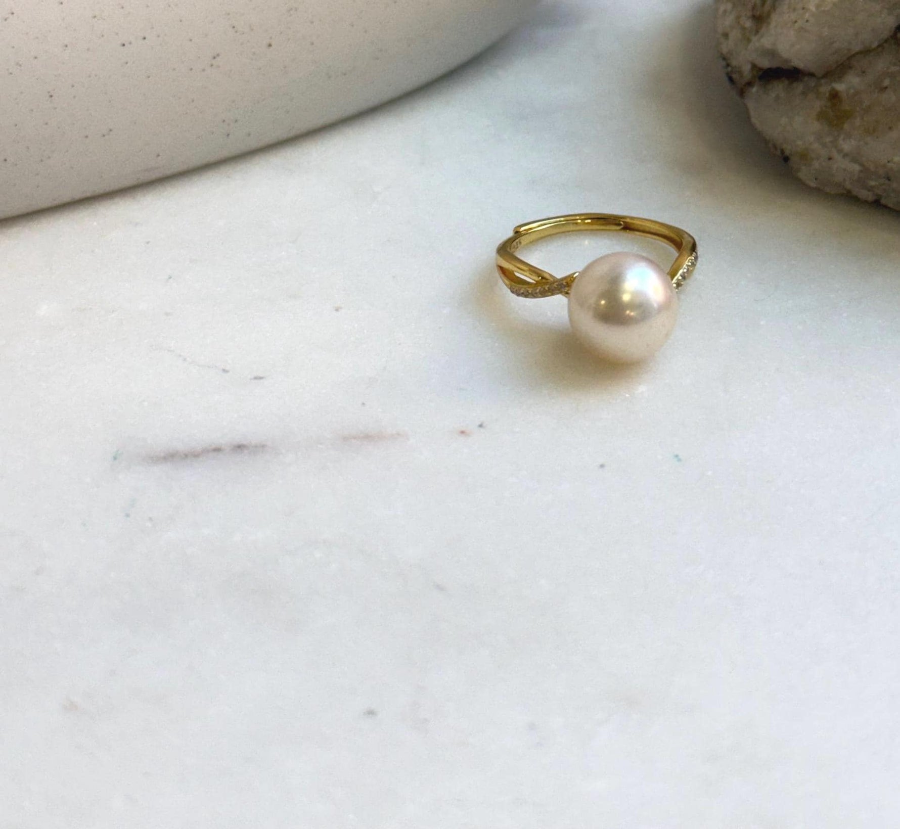 Elly’s 9.9mm Akoya Ivory ocean pearl Ring: Extreme luster mirrored, s925 silver adjustable ring. Pearl Jewelry Idea. high quality ivory ocean pearl ring for her anniversary