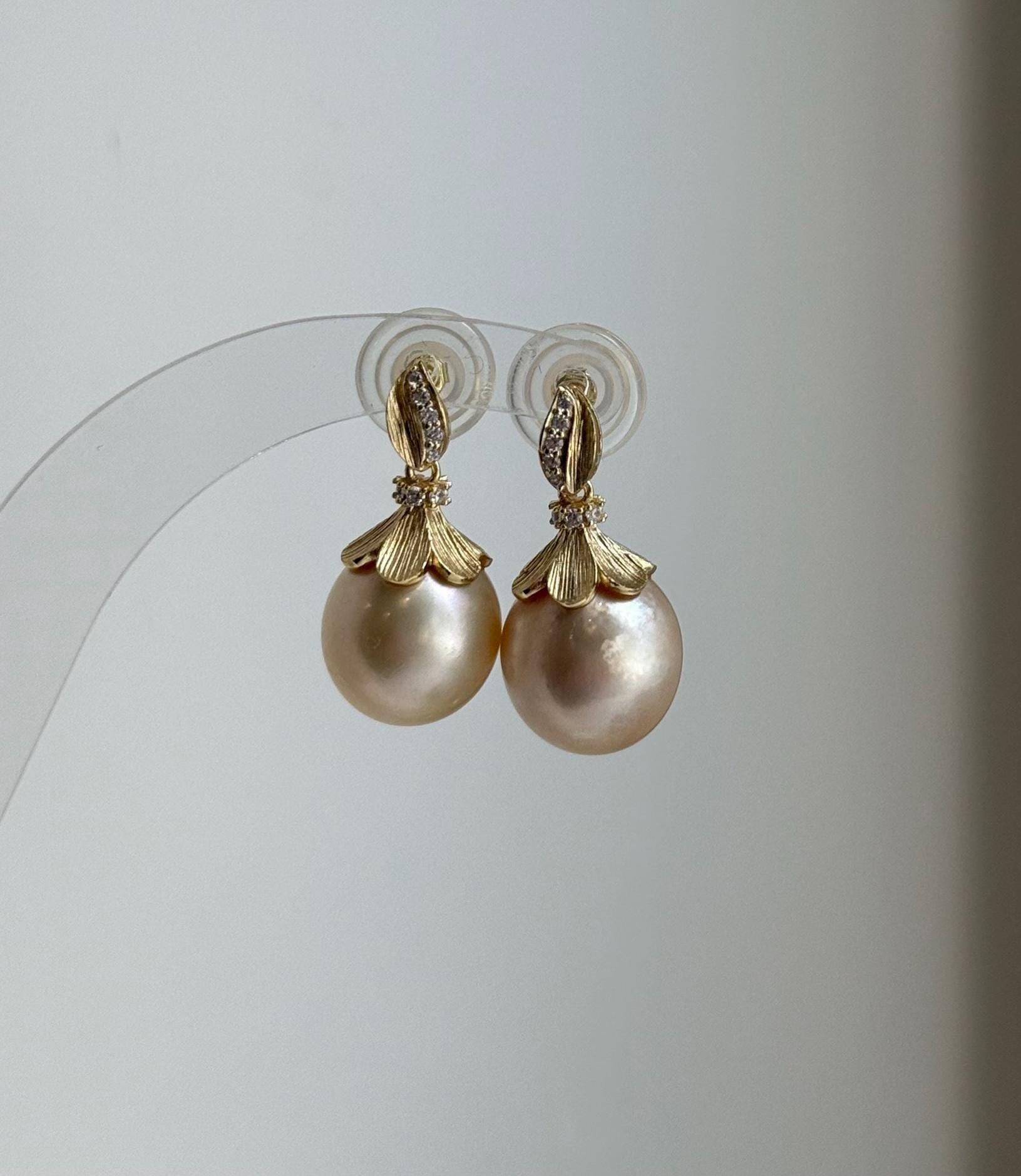 Elly’s 12.4mm Genius South sea Golden ocean Pearls cool Earrings: Extreme luster, 2.4cm high, S925 silver cool earrings. high quality south sea golden ocean pearls earrings for her anniversary